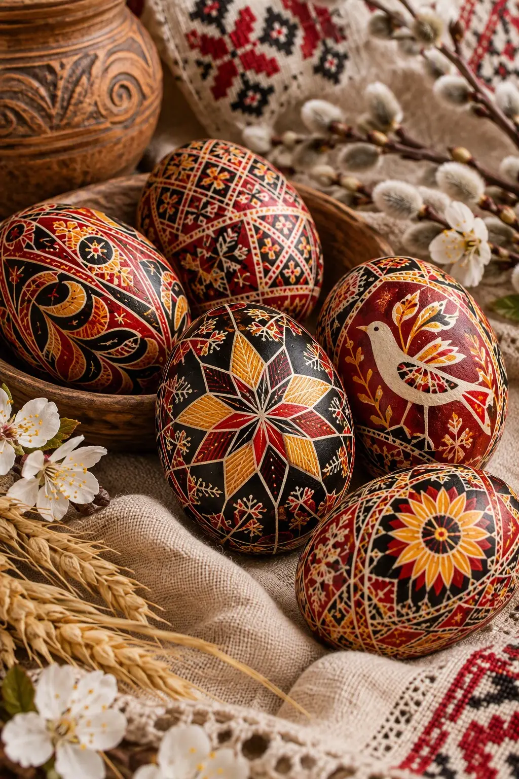 Hand-decorated pysanky eggs with red, black and gold patterns in a wooden bowl