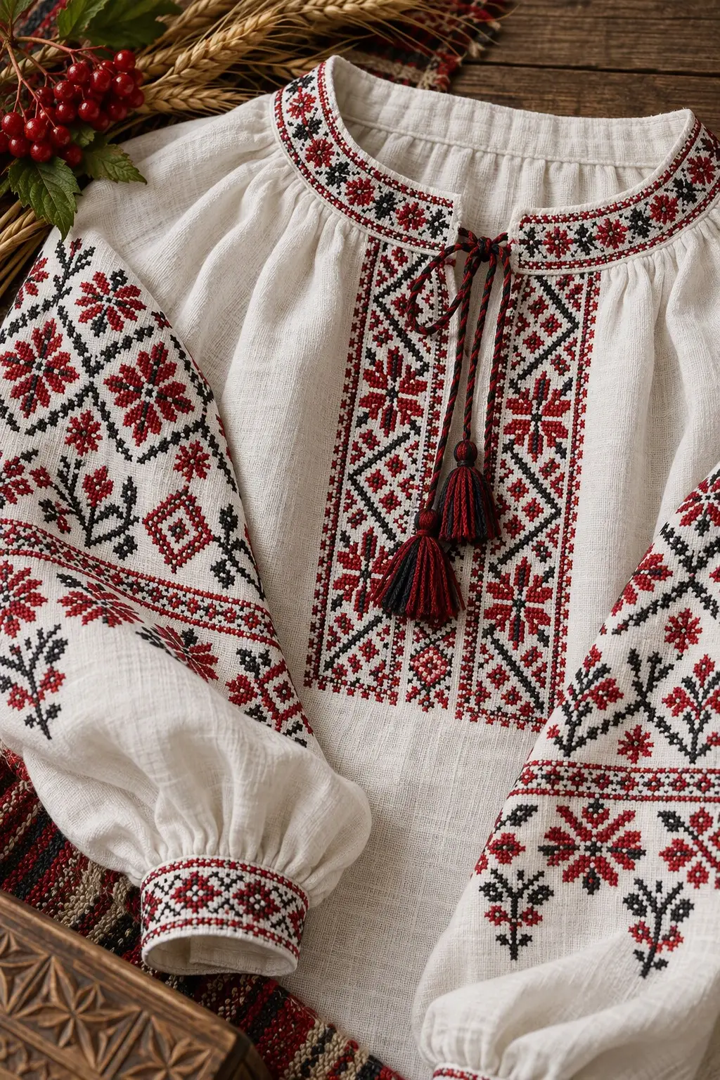 A white linen vyshyvanka with red and black cross-stitch embroidery